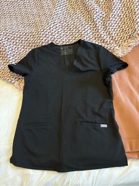 Figs Black V-Neck Scrub Top with Subtle Logo